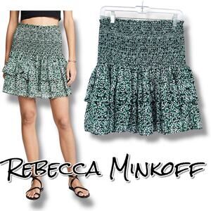 Rebecca Minkoff Amari Floral Smocked Mini Skirt Green White Tiered Size S Spring